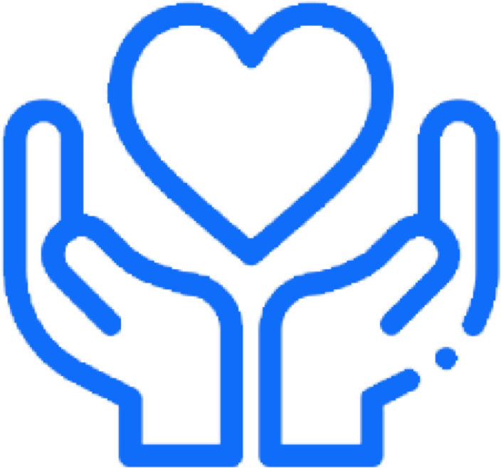 A blue icon of two hands holding a heart.