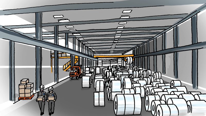 An illustrative image of the inside of a warehouse storing steel coils.