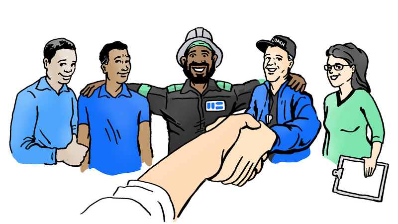 A drawing of Worthington Steel employees shaking hands with a customer.
