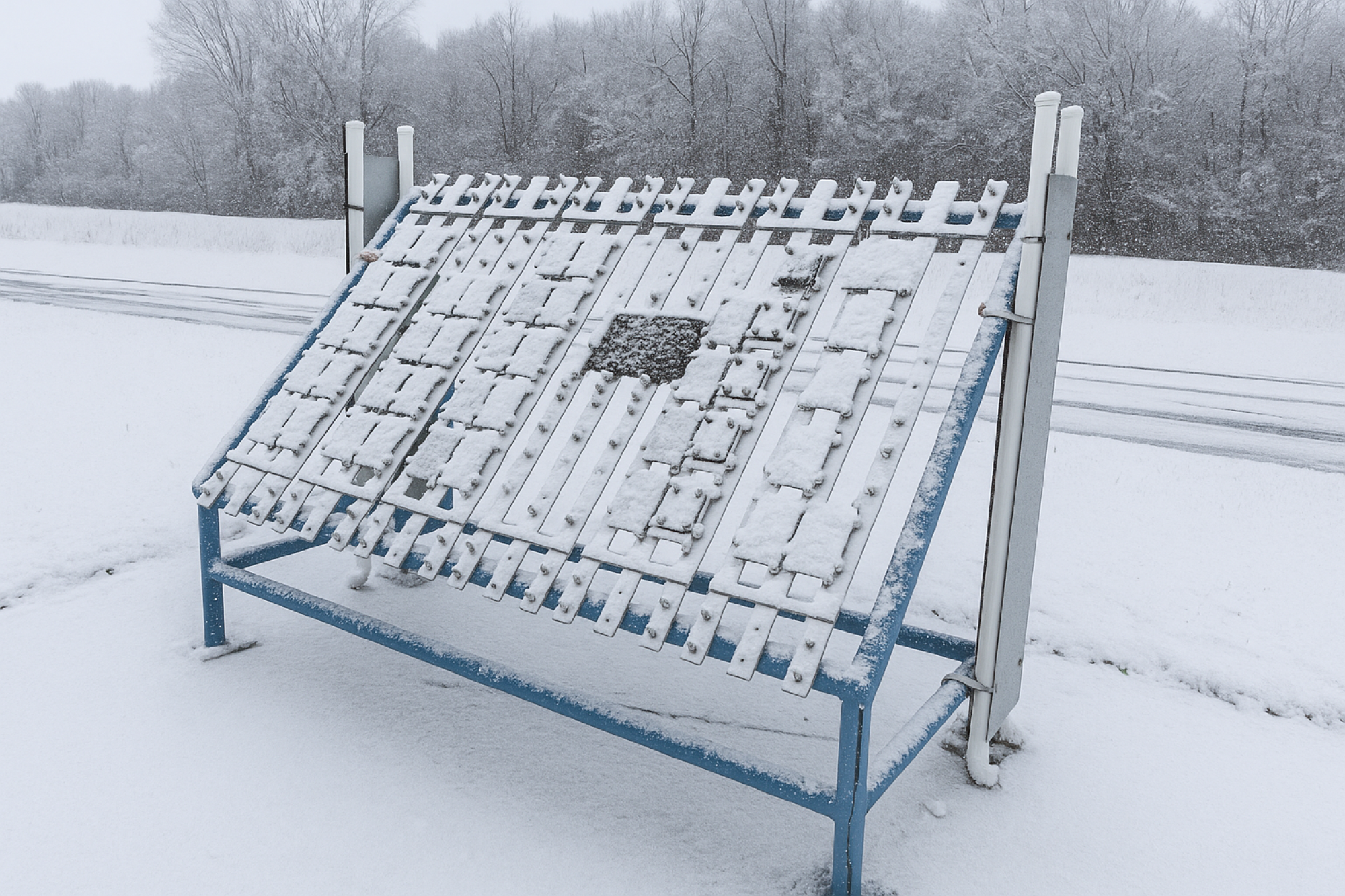 A side view of the outdoor exposure station with the steel coated samples covered in snow.