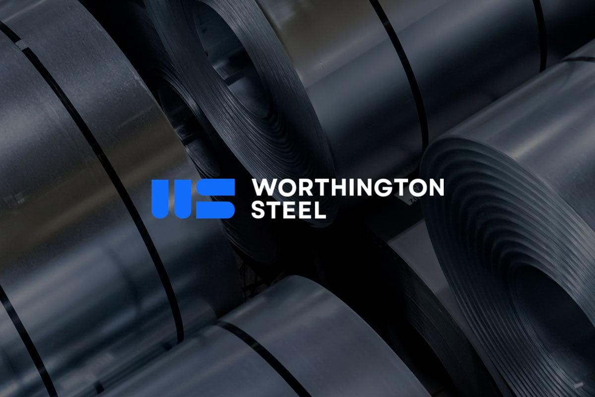Worthington Steel logo layered on top of processed steel coils.